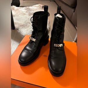 Authentic Hermès Black Leather Funk Ankle Boots with Kelly Buckle
